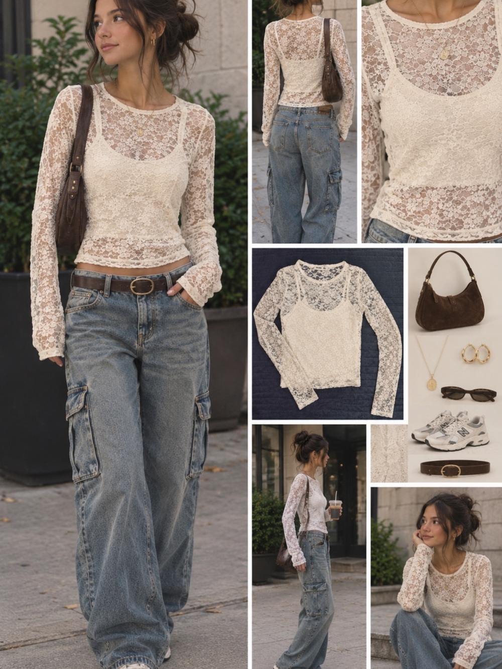 Hollister Cream Lace Long-Sleeve Sheer Layered Top